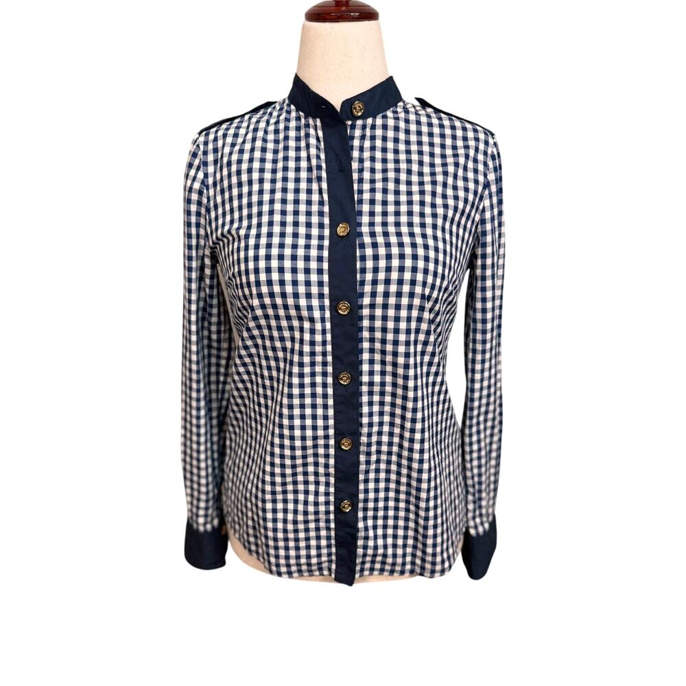 Tory Burch blouse navy blue white gingham long sleeve logo buttons epaulettes  6